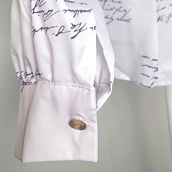 White Cardigan Longsleeve Blouse with Script Lettering, Button Accents, Size XL - Picture 8 of 13